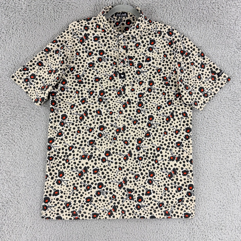 Bad Birdie Golf Polo Mens M Tan Black Red Floral Dot Performance Stretch Shirt